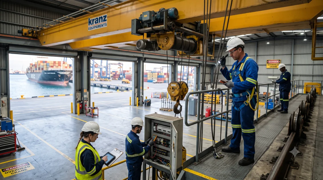 técnico realizando una inspección en un puente grúa